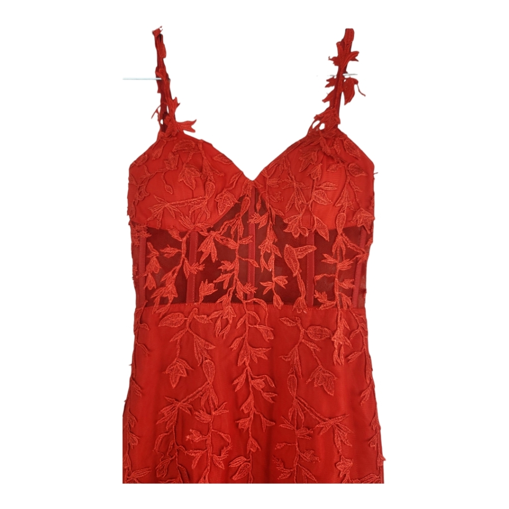 Red Leaf Detail High Slit Trumpet Gown Sz 2 Vamp Bustier Sheer Mesh Maxi Formal - Picture 3 of 13